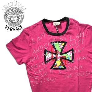 Vtg Versace pink and black short sleeve w/ hand stiched white lettering - Size S